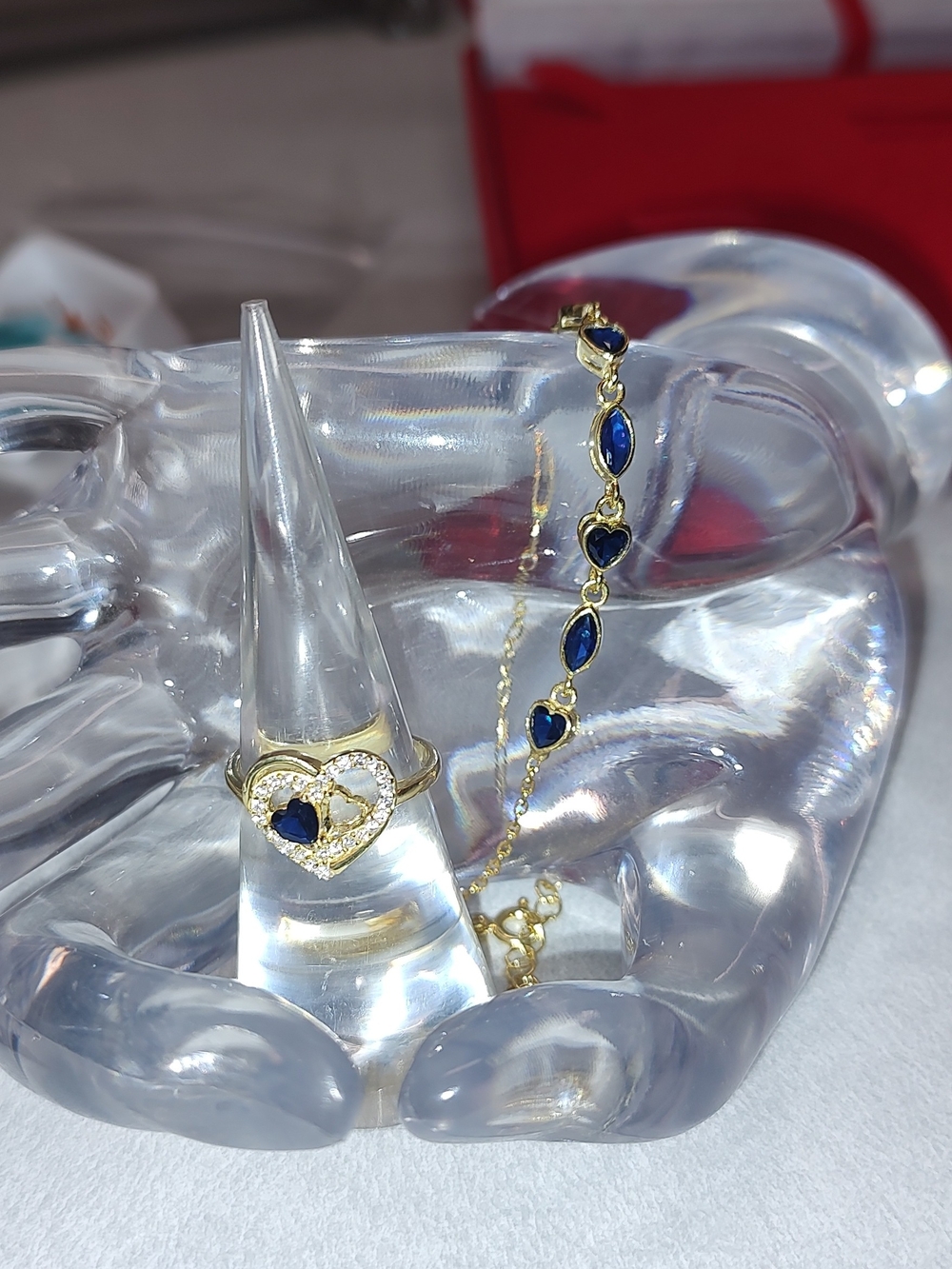 Gold Over Sterling Silver Heart Ring and Bracelet Set Blue And Clear Stones